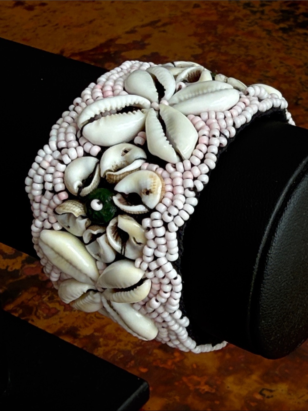 Beaded Shell Cuff Bracelet in Light Pink & White Elastic Stretchy Button Clasp
